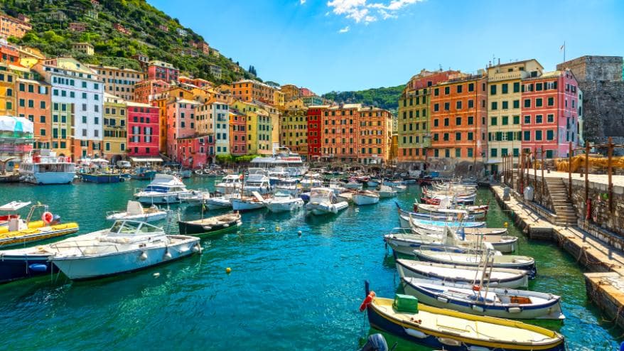 Boats and colourful waterfront buildings in Camogli